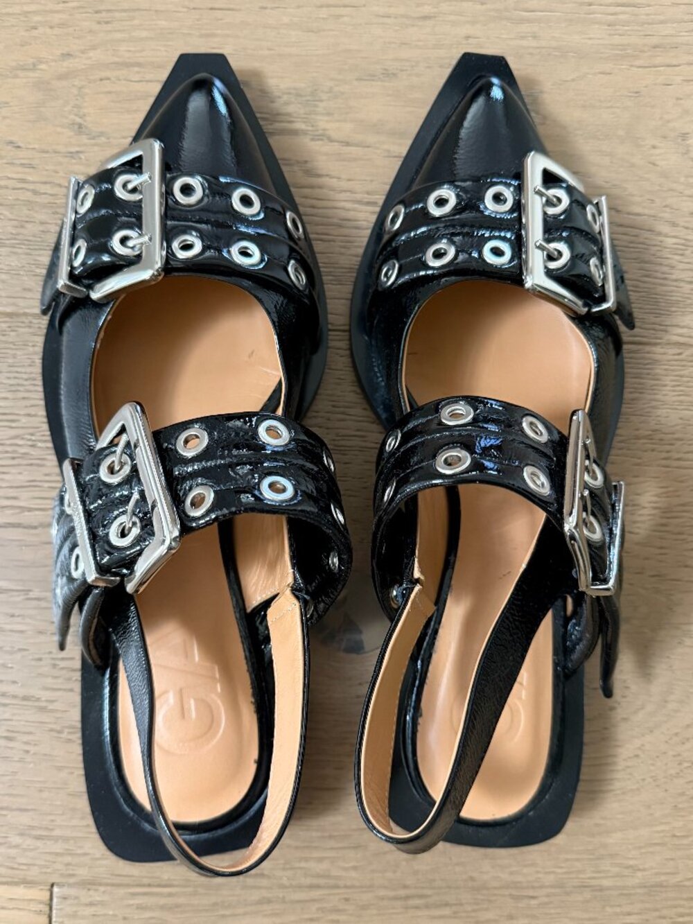 GANNI Black Patent Feminine Buckle Ballerinas